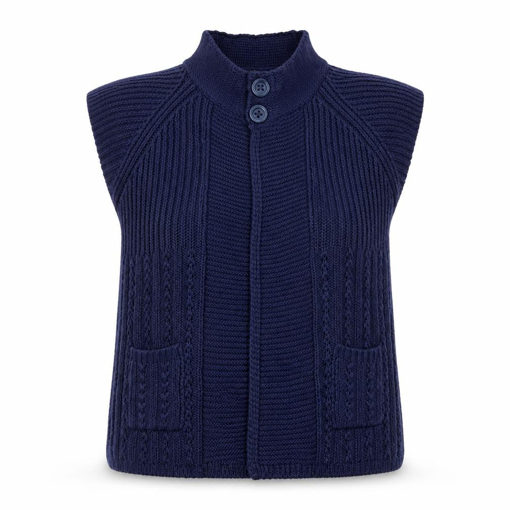 Front view of Mystify women’s blue sleeveless knit cardigan xl