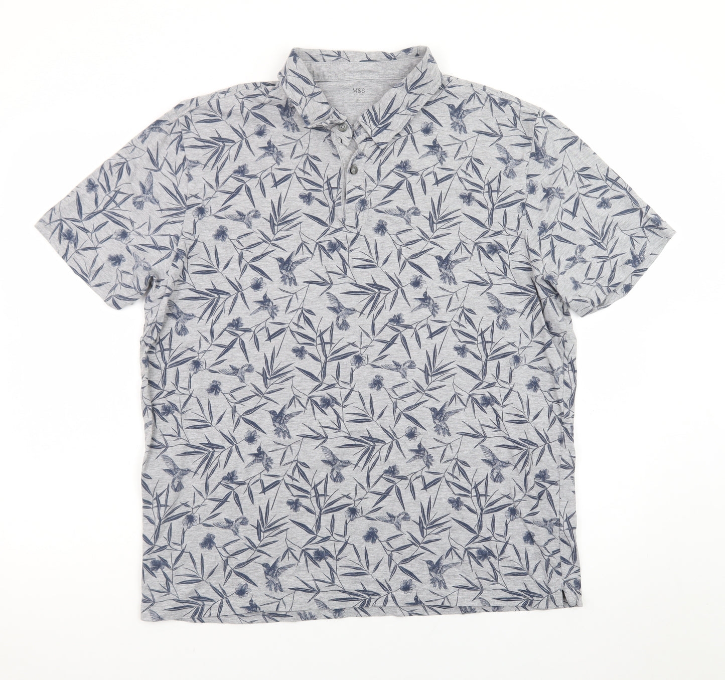 Marks and Spencer Men's Grey Floral Cotton Polo Shirt XL Regular Fit