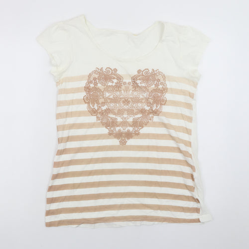 Next Womens Beige Striped Heart Print Cotton T-Shirt Size 12