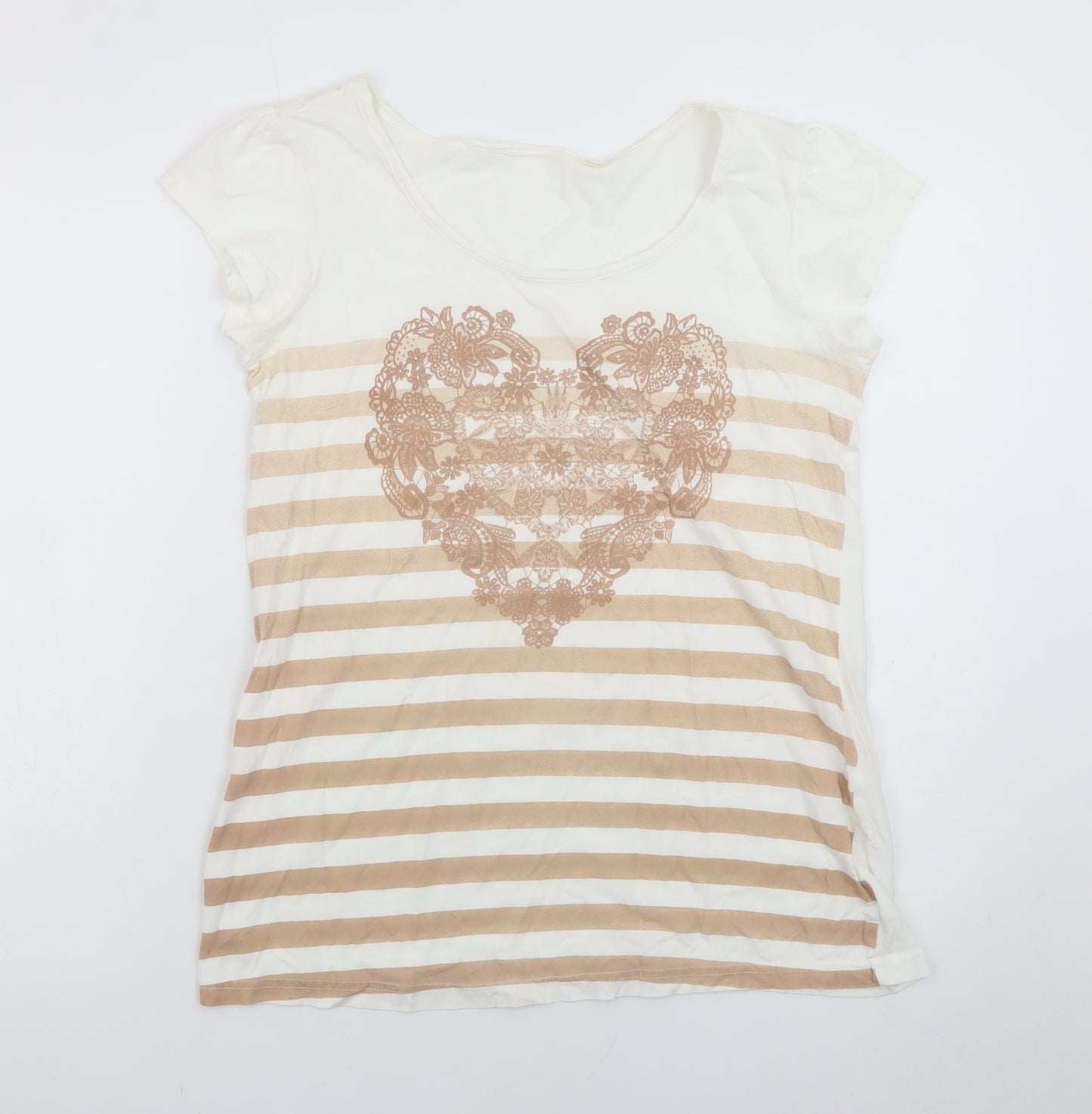 Next Womens Beige Striped Heart Print Cotton T-Shirt Size 12