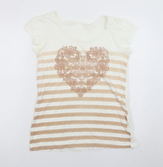 Next Womens Beige Striped Heart Print Cotton T-Shirt Size 12