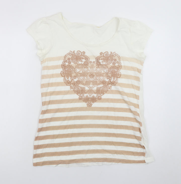 Next Womens Beige Striped Heart Print Cotton T-Shirt Size 12
