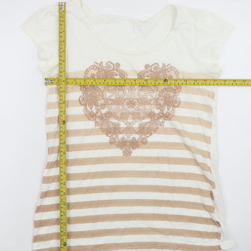 Next Womens Beige Striped Heart Print Cotton T-Shirt Size 12