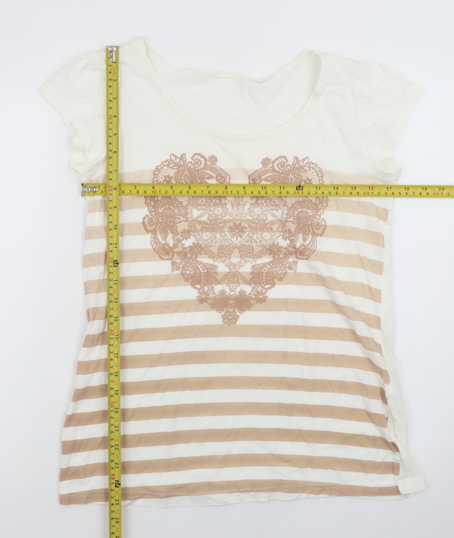 Next Womens Beige Striped Heart Print Cotton T-Shirt Size 12
