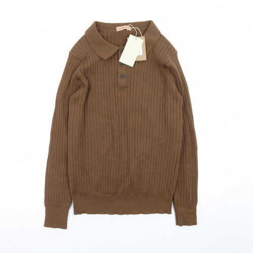 Fashion Men Brown Collared Henley Jumper Size M
