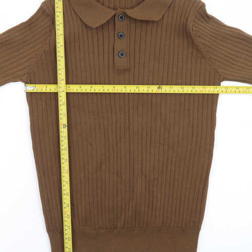 Fashion Men Brown Collared Henley Jumper Size M