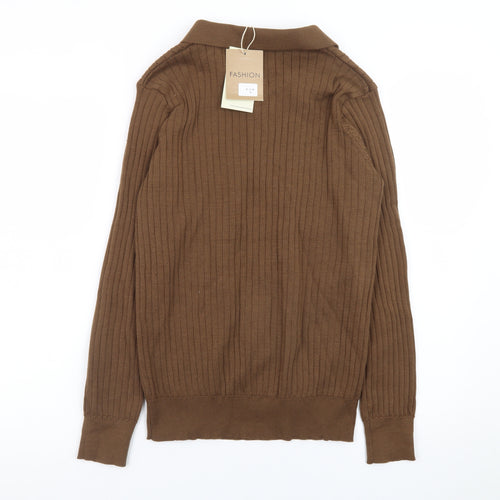 Fashion Men Brown Collared Henley Jumper Size M