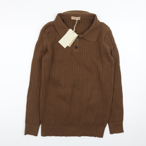 FASHION Men’s Brown Collared Henley Knit Jumper L