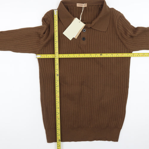 FASHION Men’s Brown Collared Henley Knit Jumper L