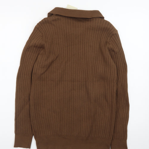 FASHION Men’s Brown Collared Henley Knit Jumper L
