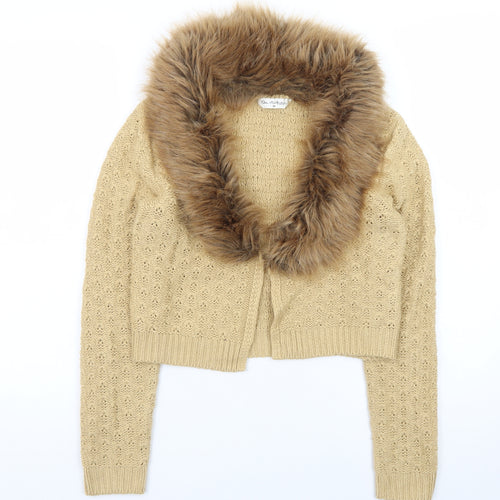 Miss Selfridge Women Beige Faux Fur Trim Cardigan UK 10 Long Sleeve Knit