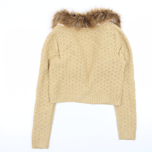 Miss Selfridge Women Beige Faux Fur Trim Cardigan UK 10 Long Sleeve Knit