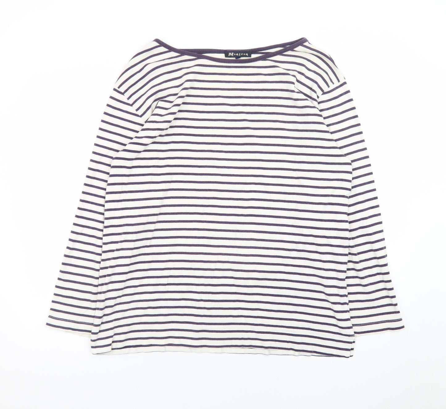Monsoon Women White Striped Long Sleeve Cotton Boat Neck Top L