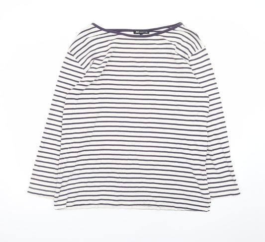 Monsoon Women White Striped Long Sleeve Cotton Boat Neck Top L