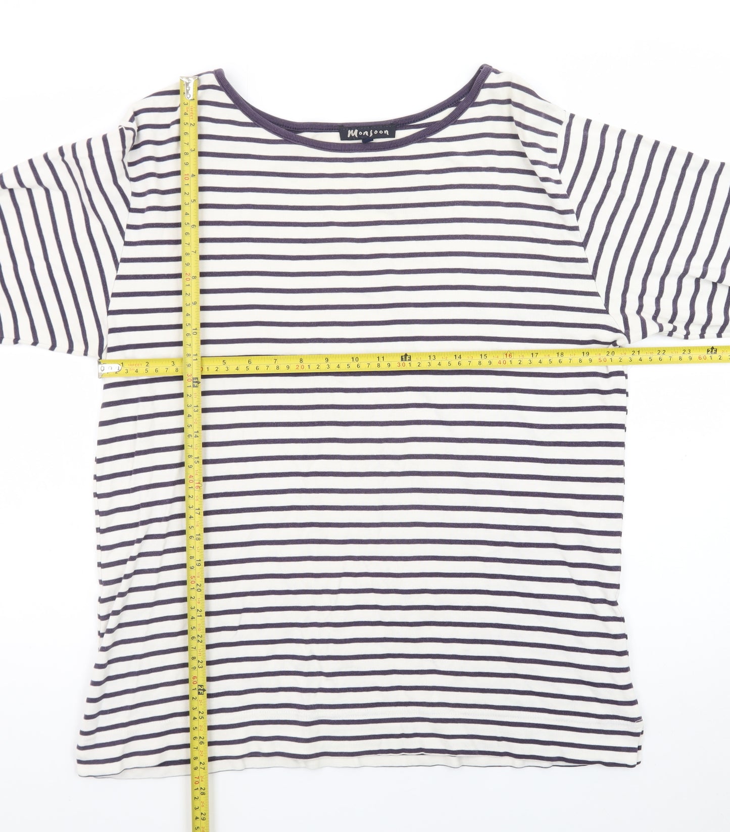 Monsoon Women White Striped Long Sleeve Cotton Boat Neck Top L