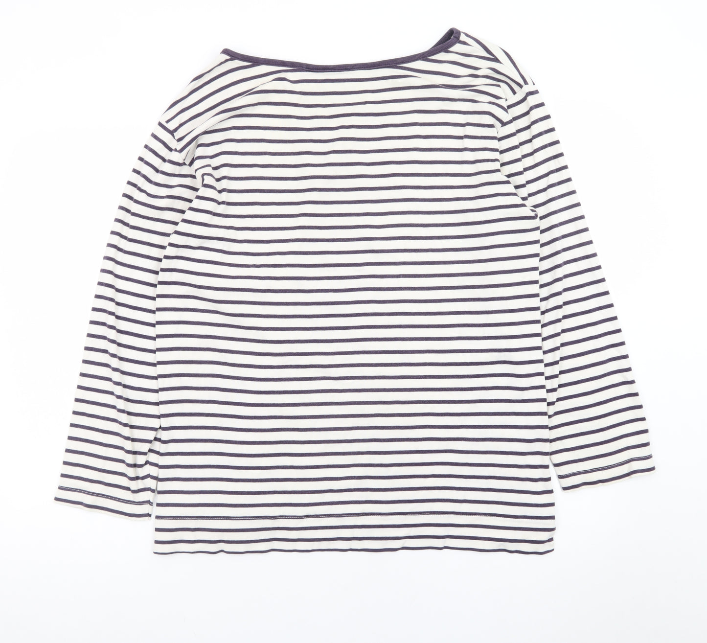 Monsoon Women White Striped Long Sleeve Cotton Boat Neck Top L