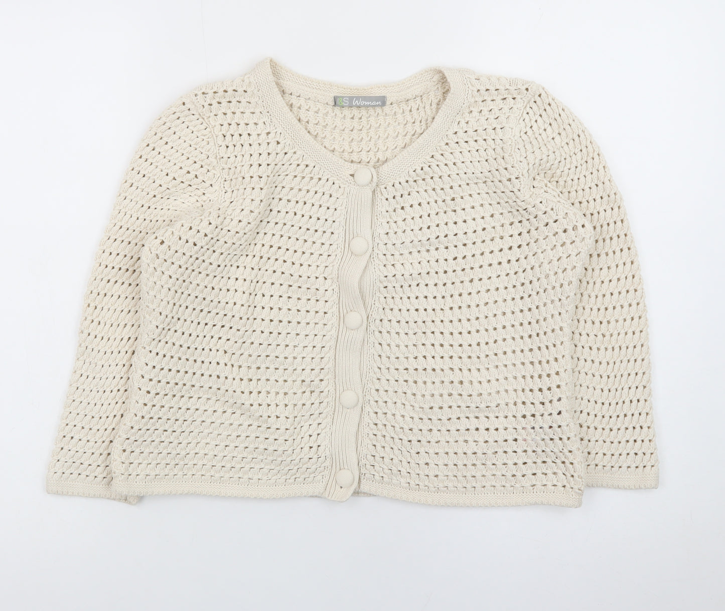 Marks and Spencer Women Beige Cotton Open-Knit Cardigan Size 14