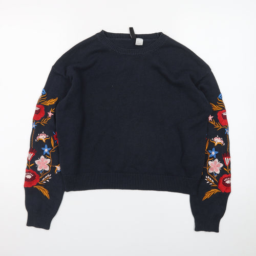 H&M Divided Women's Black Floral Embroidered Cotton Jumper Size 8