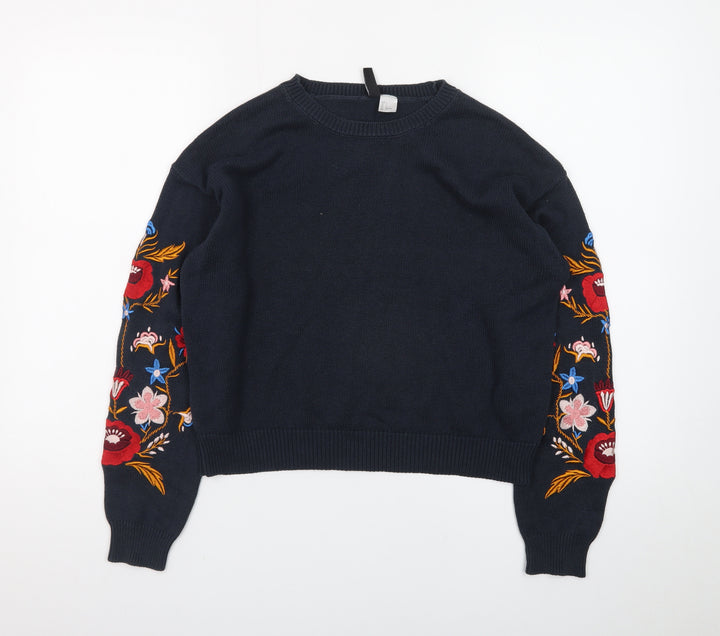 H&M Divided Women's Black Floral Embroidered Cotton Jumper Size 8
