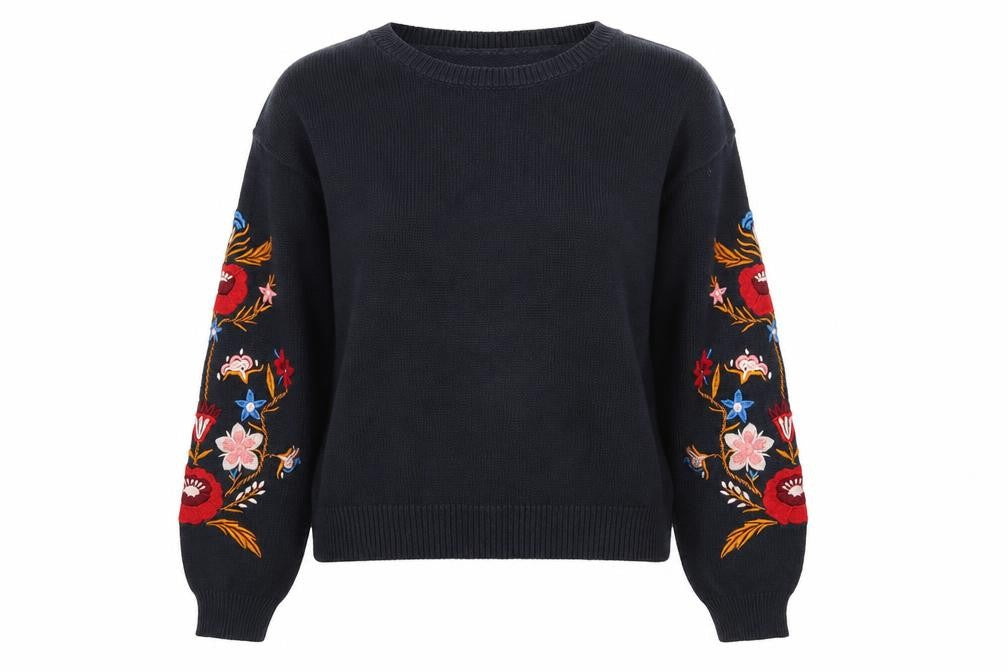 H&M Divided Women's Black Floral Embroidered Cotton Jumper Size 8