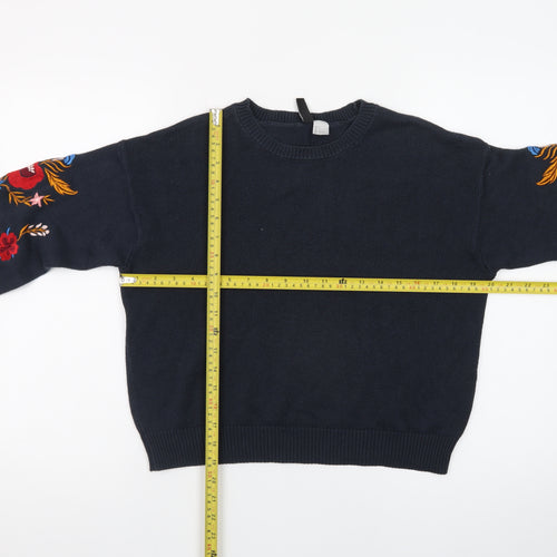 H&M Divided Women's Black Floral Embroidered Cotton Jumper Size 8