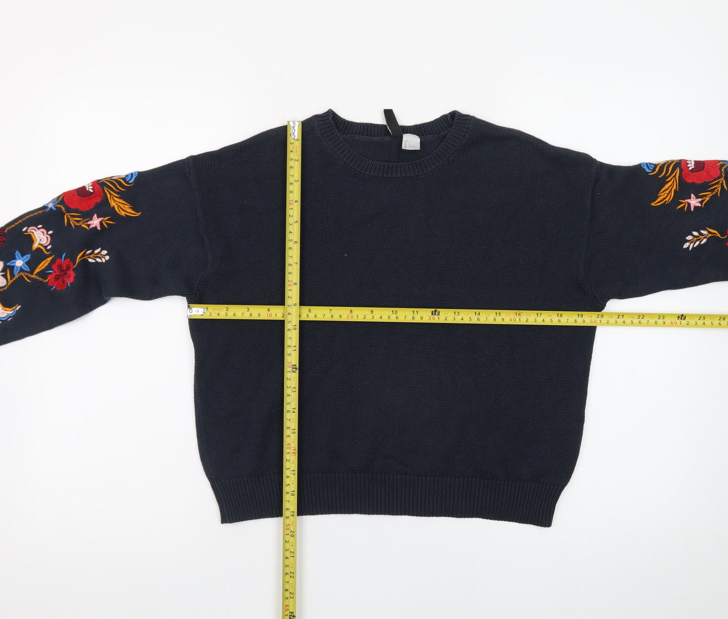 H&M Divided Women's Black Floral Embroidered Cotton Jumper Size 8
