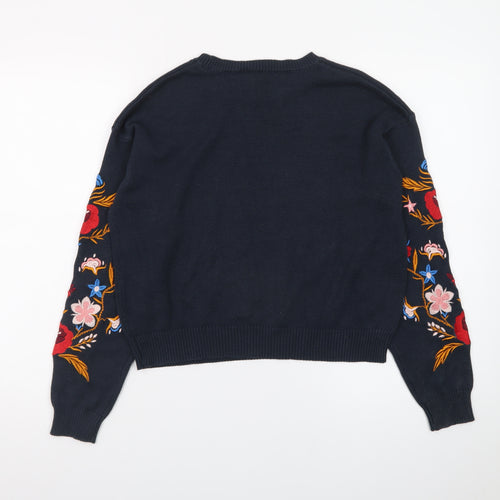 H&M Divided Women's Black Floral Embroidered Cotton Jumper Size 8