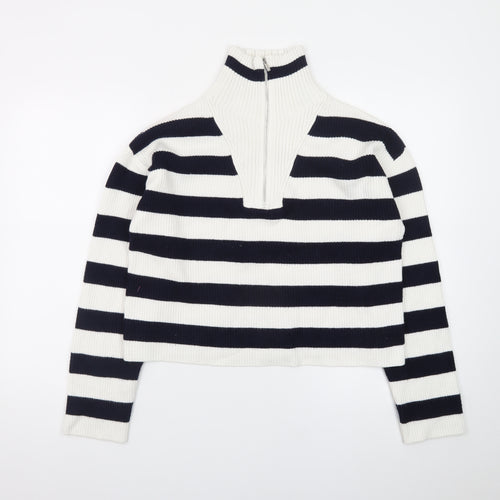 MNG Women's Black & White Striped High Neck Zip Jumper Size L