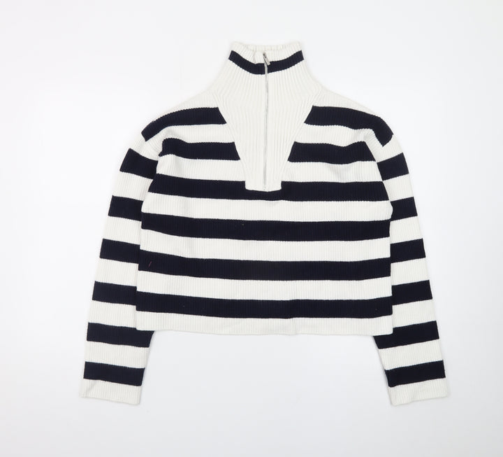 MNG Women's Black & White Striped High Neck Zip Jumper Size L