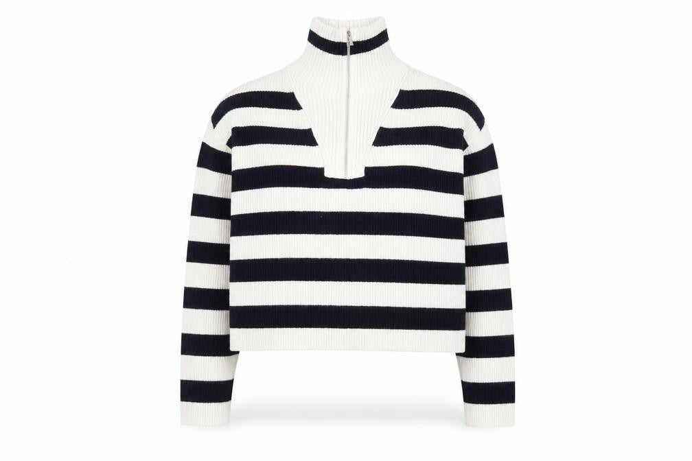 Front view of Mango Women's Black & White Striped High Neck Zip Jumper, size L