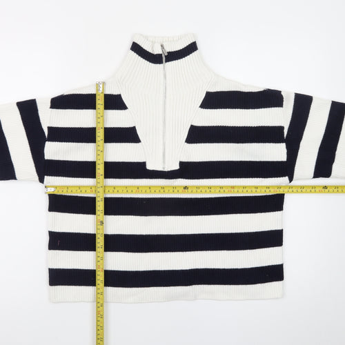 MNG Women's Black & White Striped High Neck Zip Jumper Size L