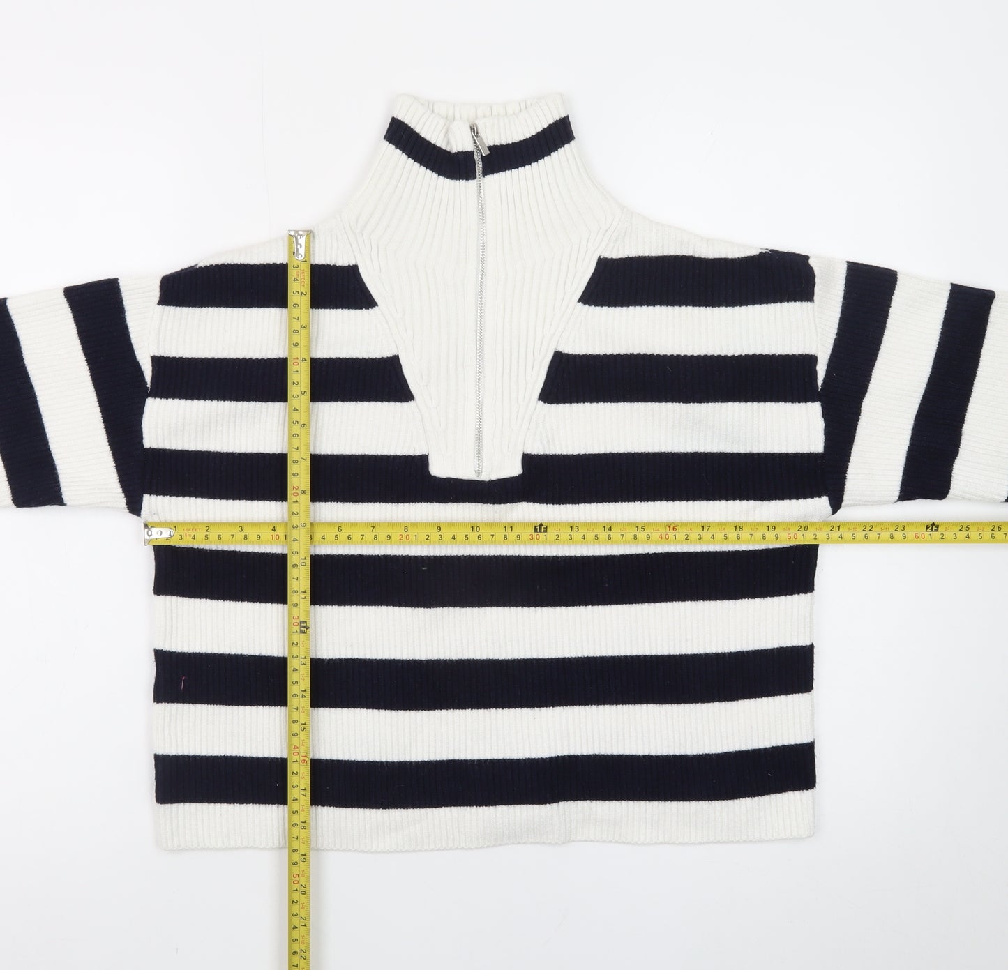 MNG Women's Black & White Striped High Neck Zip Jumper Size L