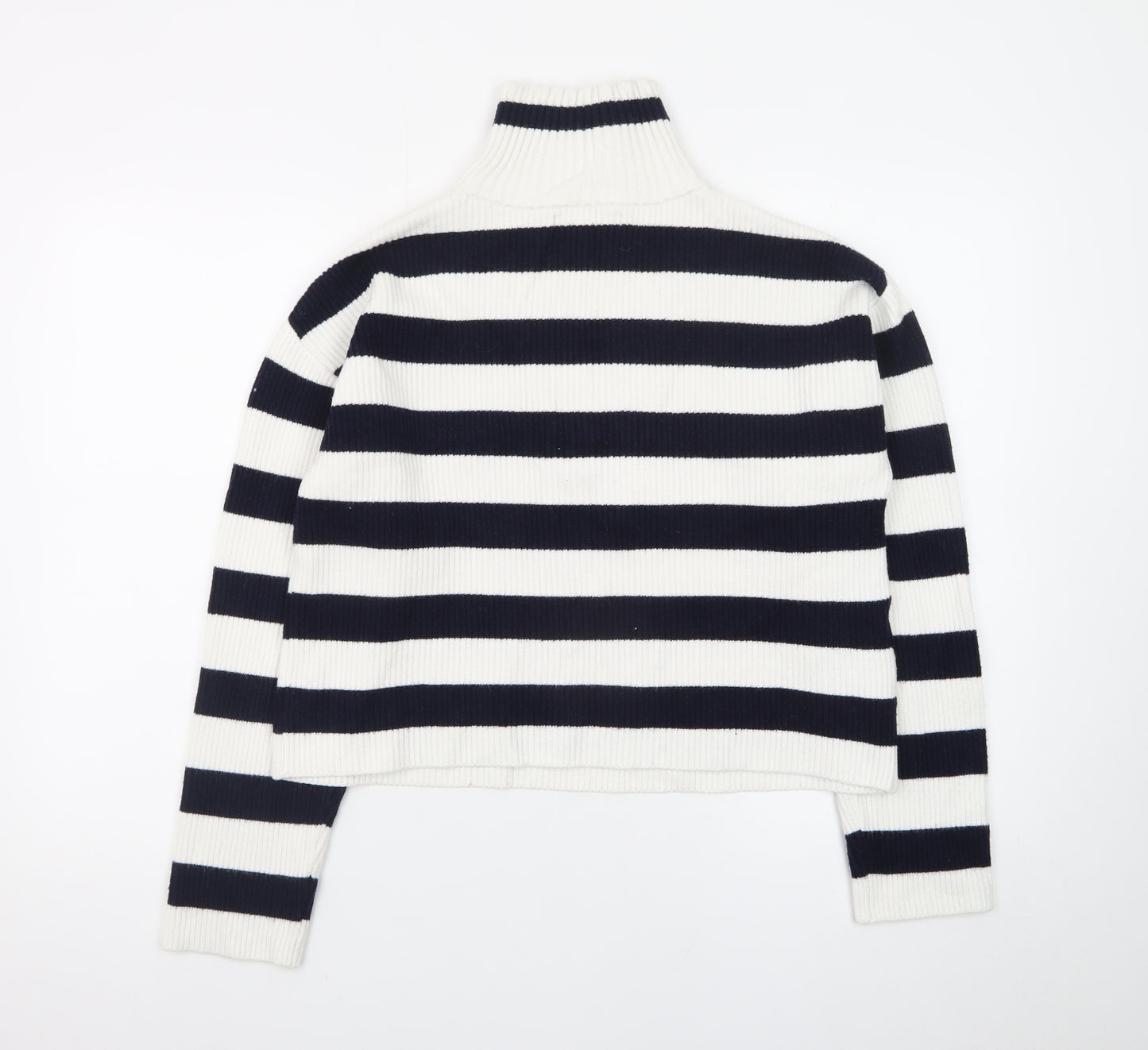 MNG Women's Black & White Striped High Neck Zip Jumper Size L
