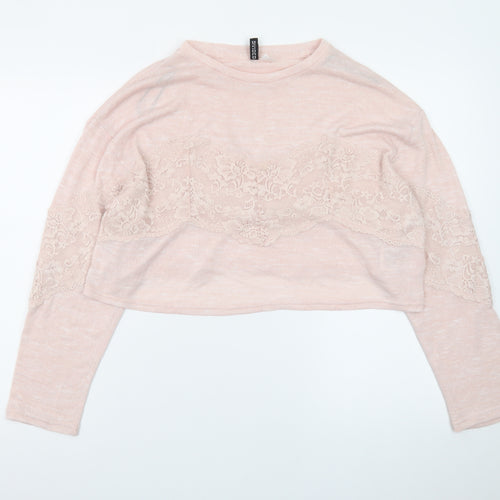 H&M Women Pink Lace Crew Neck Long Sleeve Knit Pullover Jumper Size M