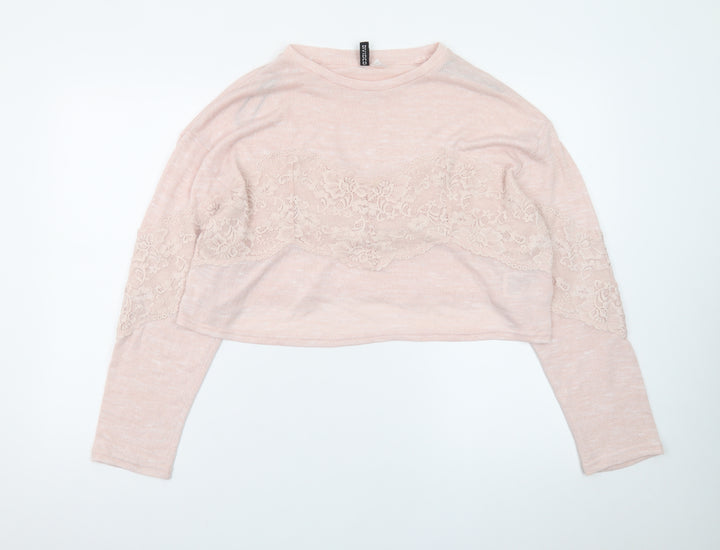 H&M Women Pink Lace Crew Neck Long Sleeve Knit Pullover Jumper Size M