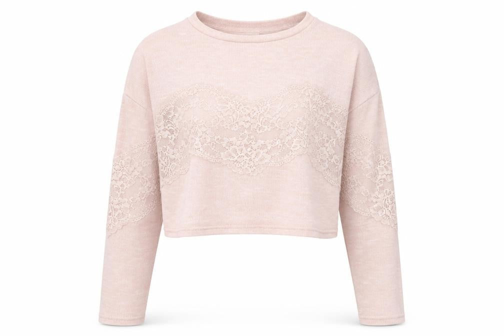 H&M Women Pink Lace Crew Neck Long Sleeve Knit Pullover Jumper Size M