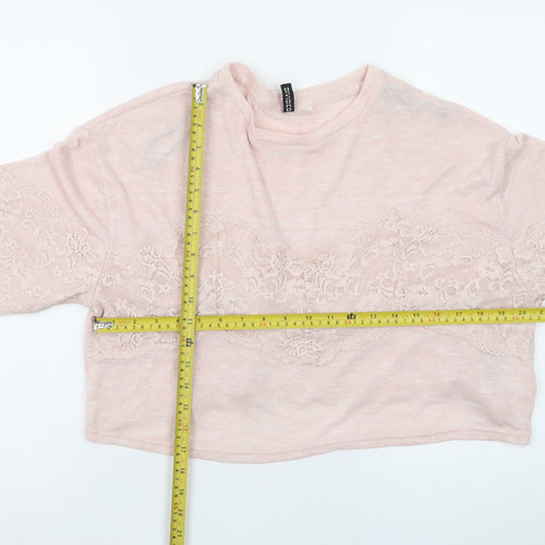 H&M Women Pink Lace Crew Neck Long Sleeve Knit Pullover Jumper Size M