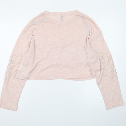H&M Women Pink Lace Crew Neck Long Sleeve Knit Pullover Jumper Size M