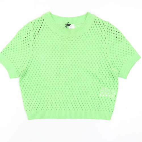 H&M Divided Women Green Open Knit Short Sleeve Jumper Size 8