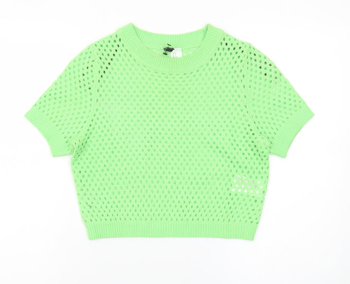 H&M Divided Women Green Open Knit Short Sleeve Jumper Size 8