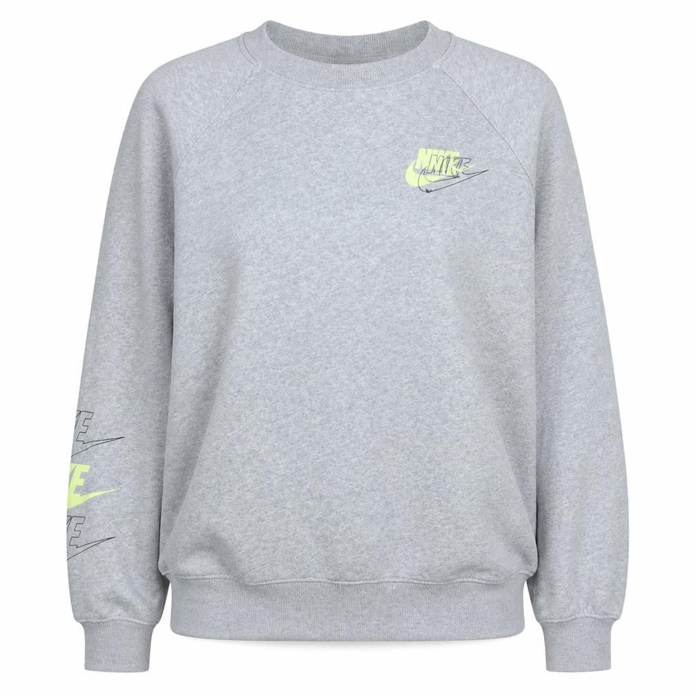 Front view of Nike women’s grey crew neck pullover sweatshirt, size L, logo print
