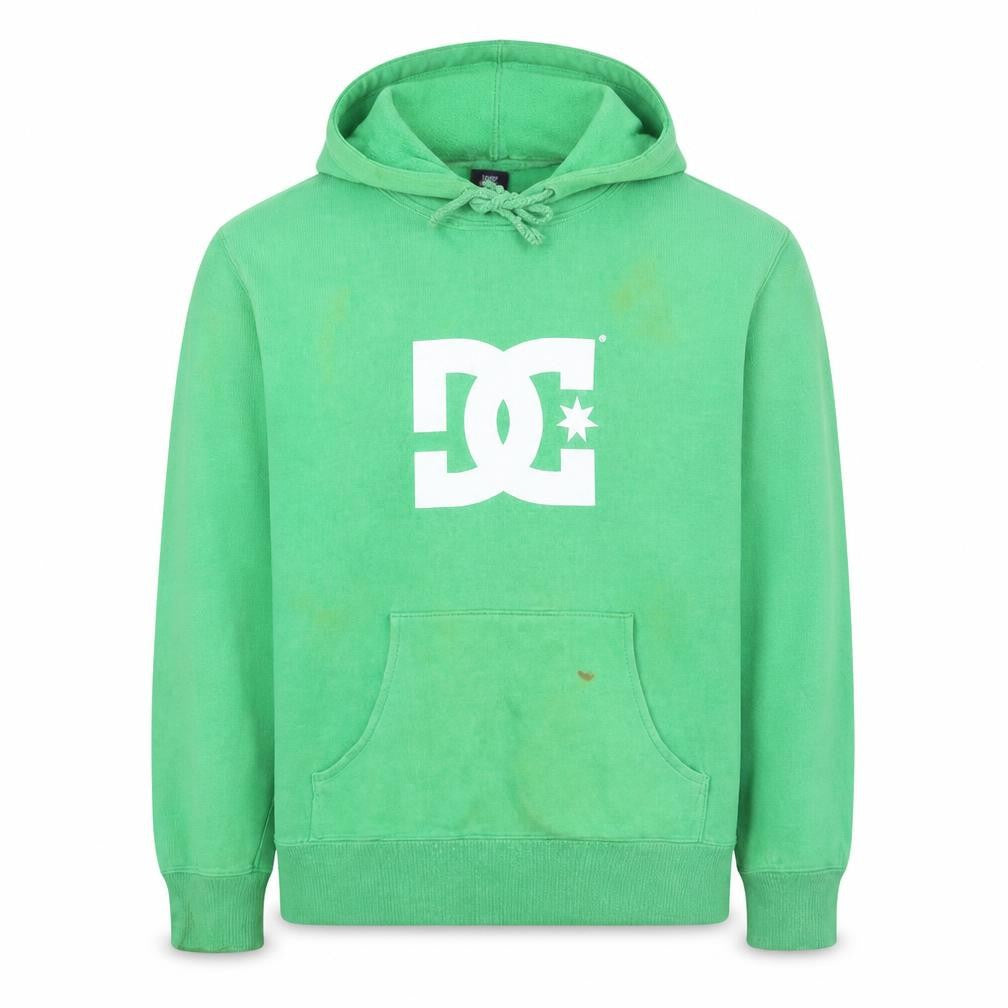Front view of DC Men’s Green Pullover Hoodie, size M, Fleece Graphic Logo Skate Style