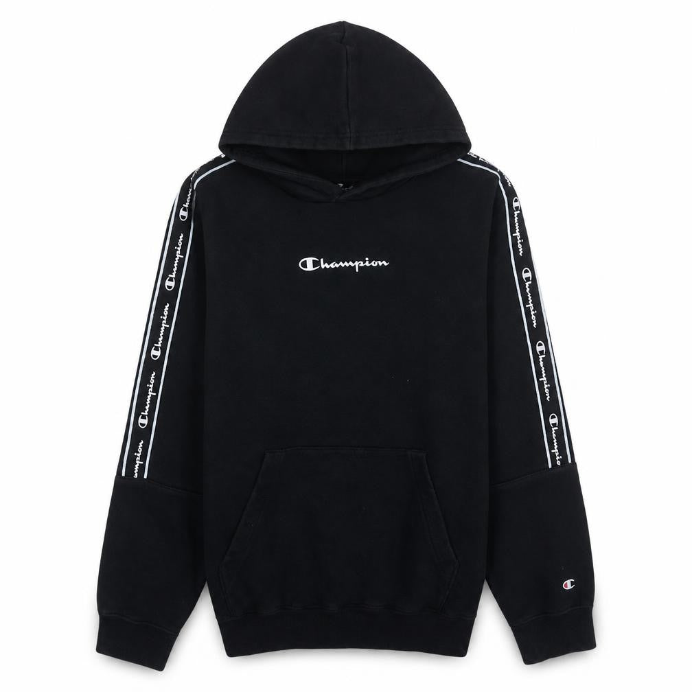 Front view of Champion Men's Black Medium Pullover Hoodie Logo Tape Sleeve