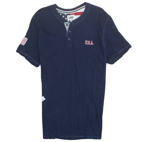 Lee Men's Blue USA Henley Polo Shirt XL Cotton Short Sleeve