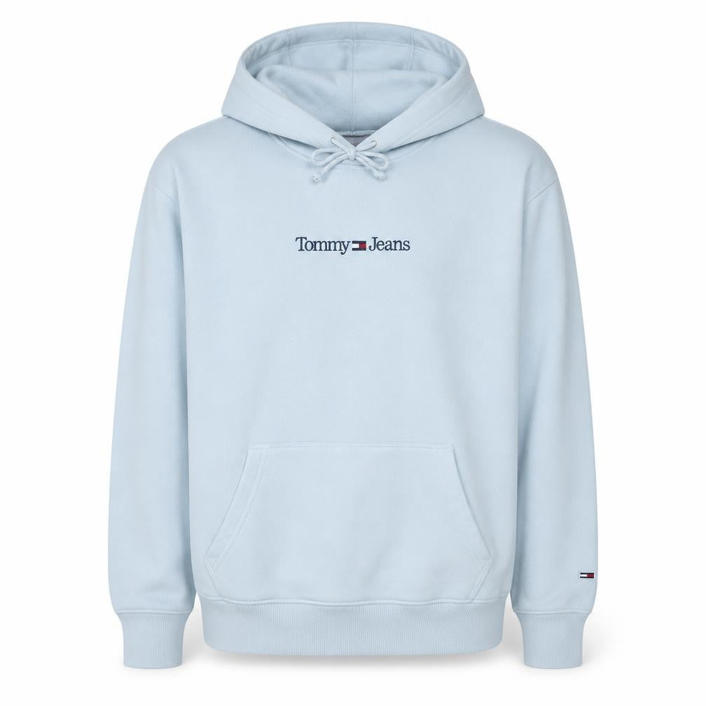 Front view of Tommy Jeans Men's White Pullover Hoodie M Logo Fleece Sweatshirt