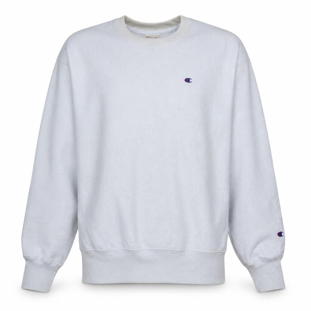 Front view of Champion Men's White Reverse Weave Crew Neck Sweatshirt, size L