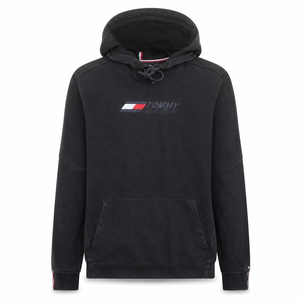 Front view of Tommy Hilfiger Men's Black Pullover Hoodie L Classic Logo Sweatshirt
