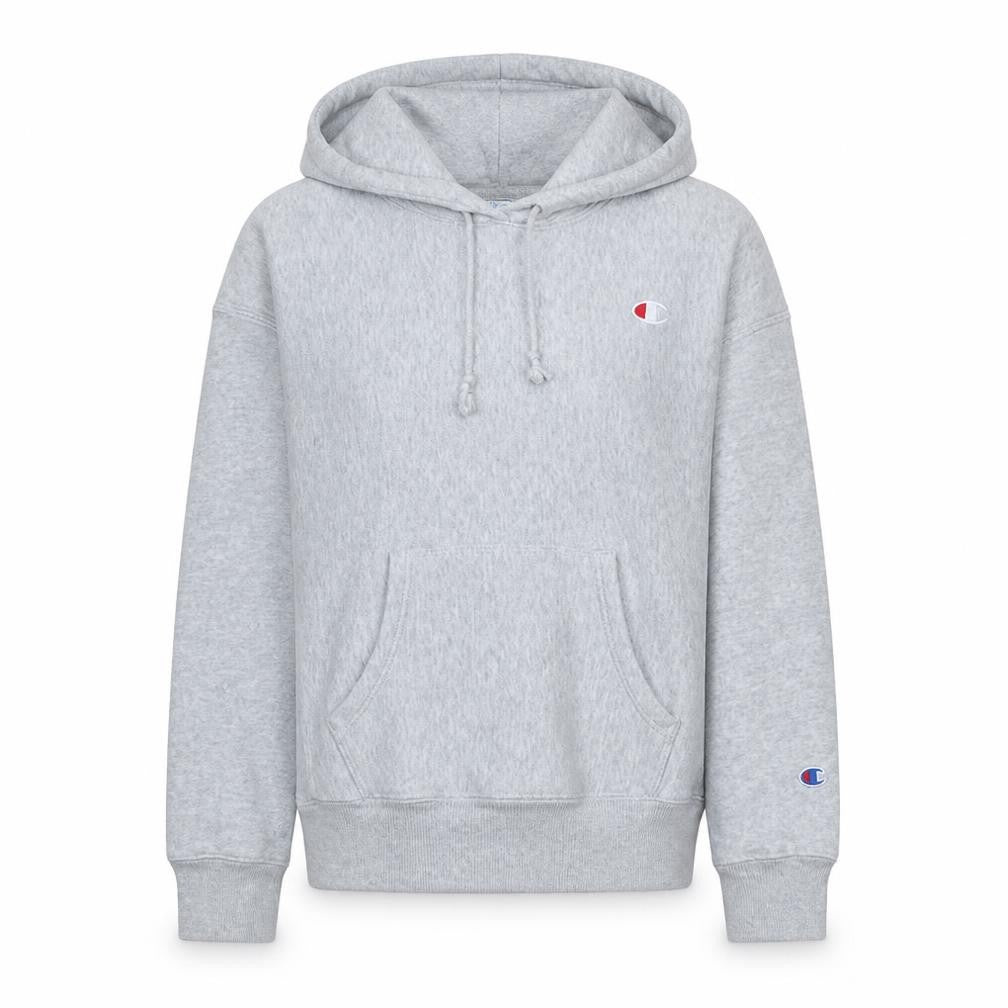 Front view of Champion women’s grey hoodie, size M, reverse weave pullover