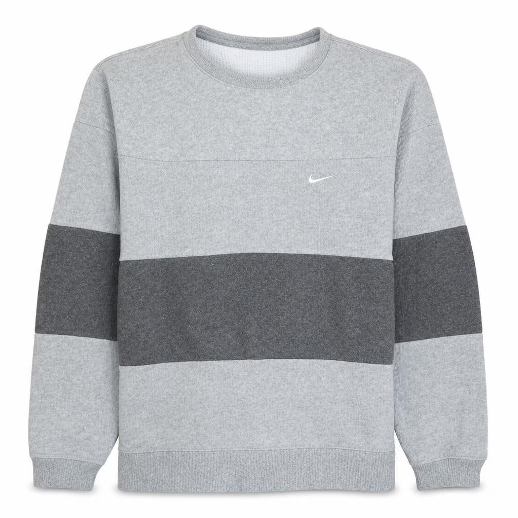 Front view of Nike Men's Grey Striped Crew Neck Fleece Sweatshirt, size M