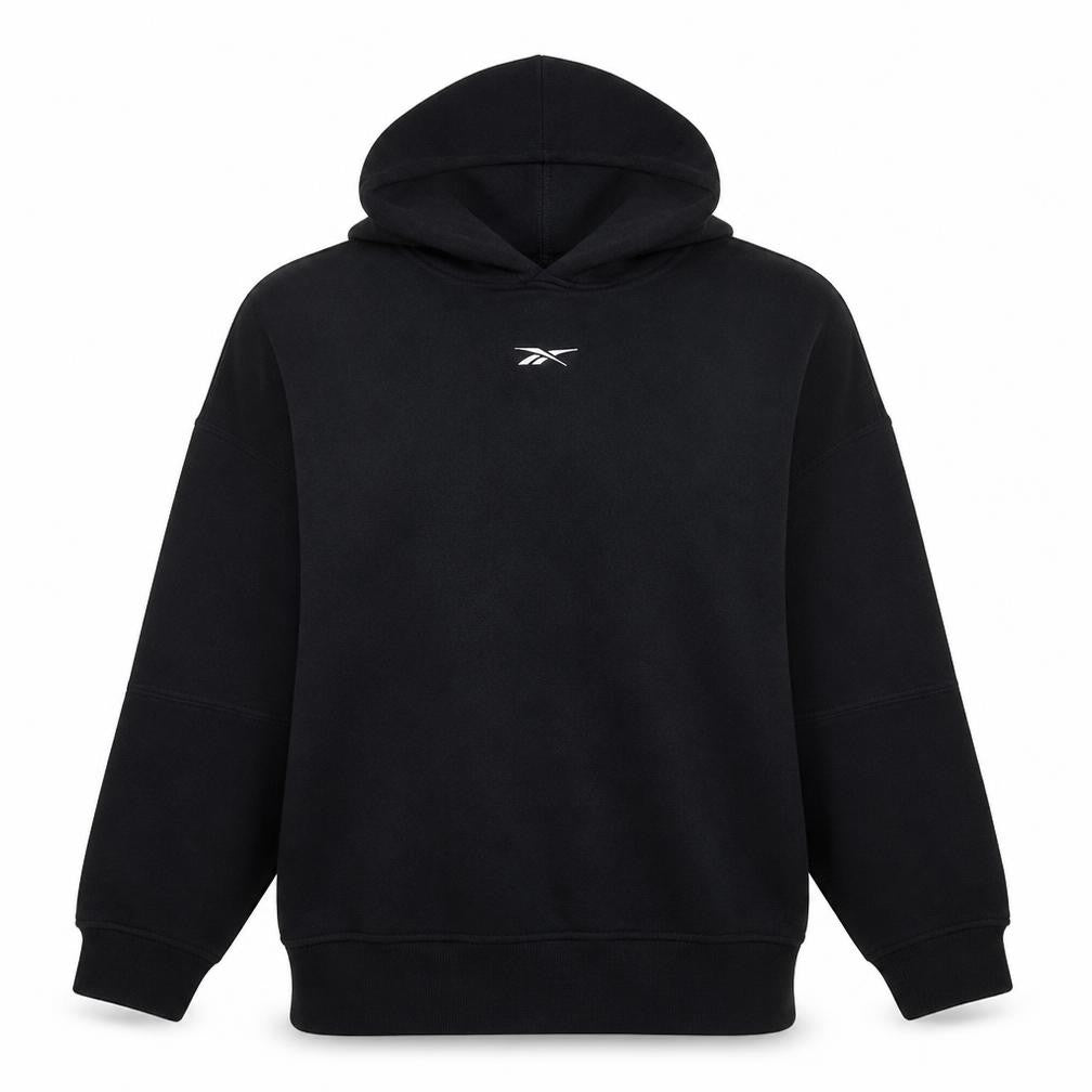 Front view of Reebok Women's Black Pullover Hoodie Medium Cotton Blend Sweatshirt